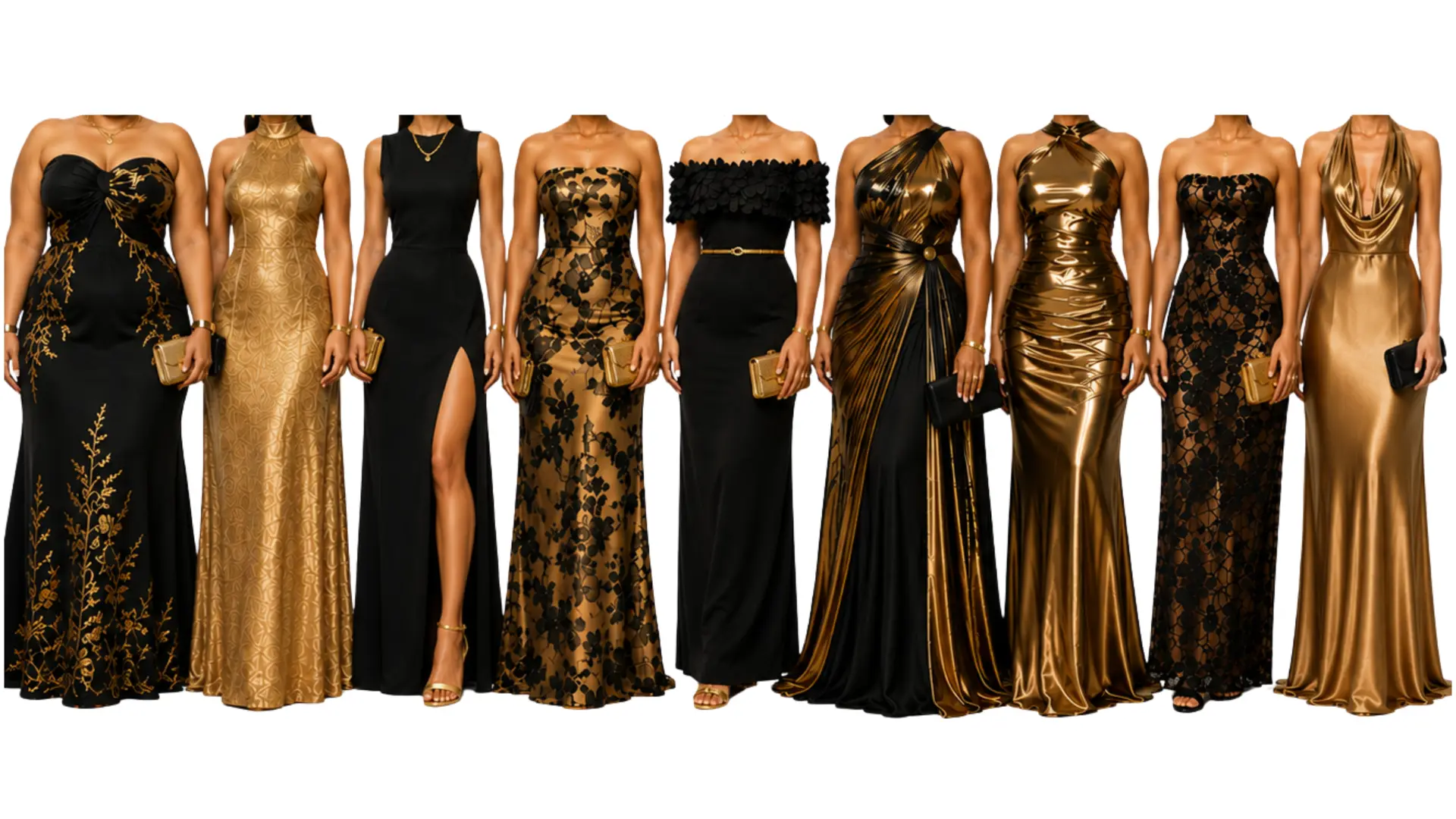Black and gold gowns — example attire for the ladies